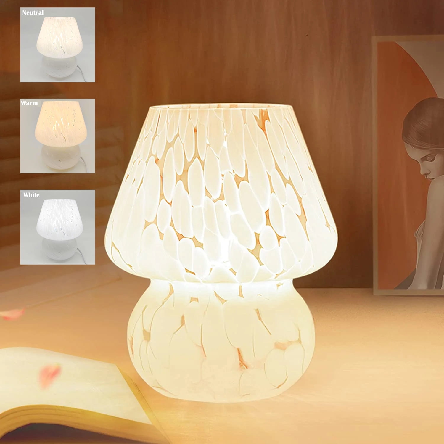 Mushroom Lamp, Dimmable Glass Bedside Lamp,White Stripe,Glass Vintage Bedside Lamp,or Living Room, Bedroom, Home Decor