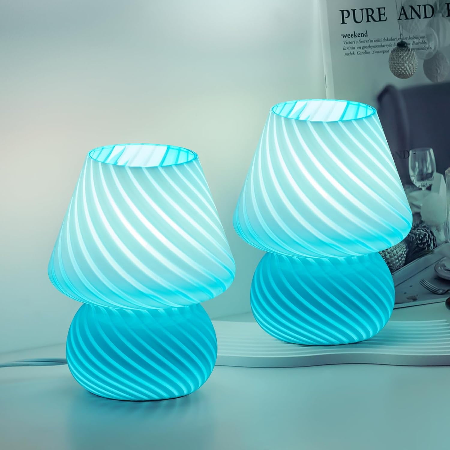 Mushroom Lamp Set of 2, Small Bedside Lamp with Striped Glass, Nightstand Lamp for Bedroom Living Room, Home Decor, Gift, Blue Striped