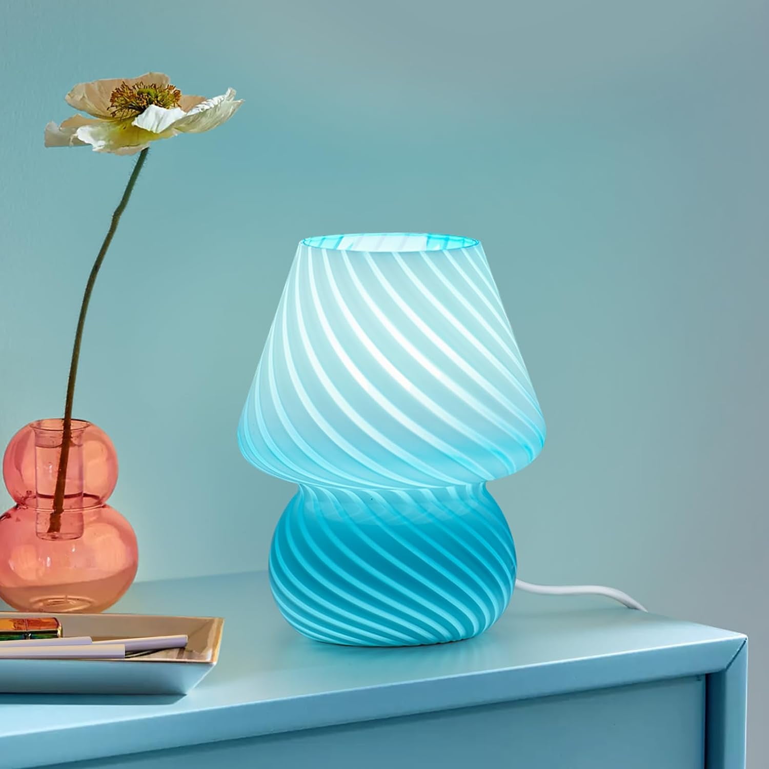 Mushroom Lamp, Small Bedside Lamp with Striped Glass, Nightstand Lamp for Bedroom Living Room, Home Decor, Gift, Blue Striped