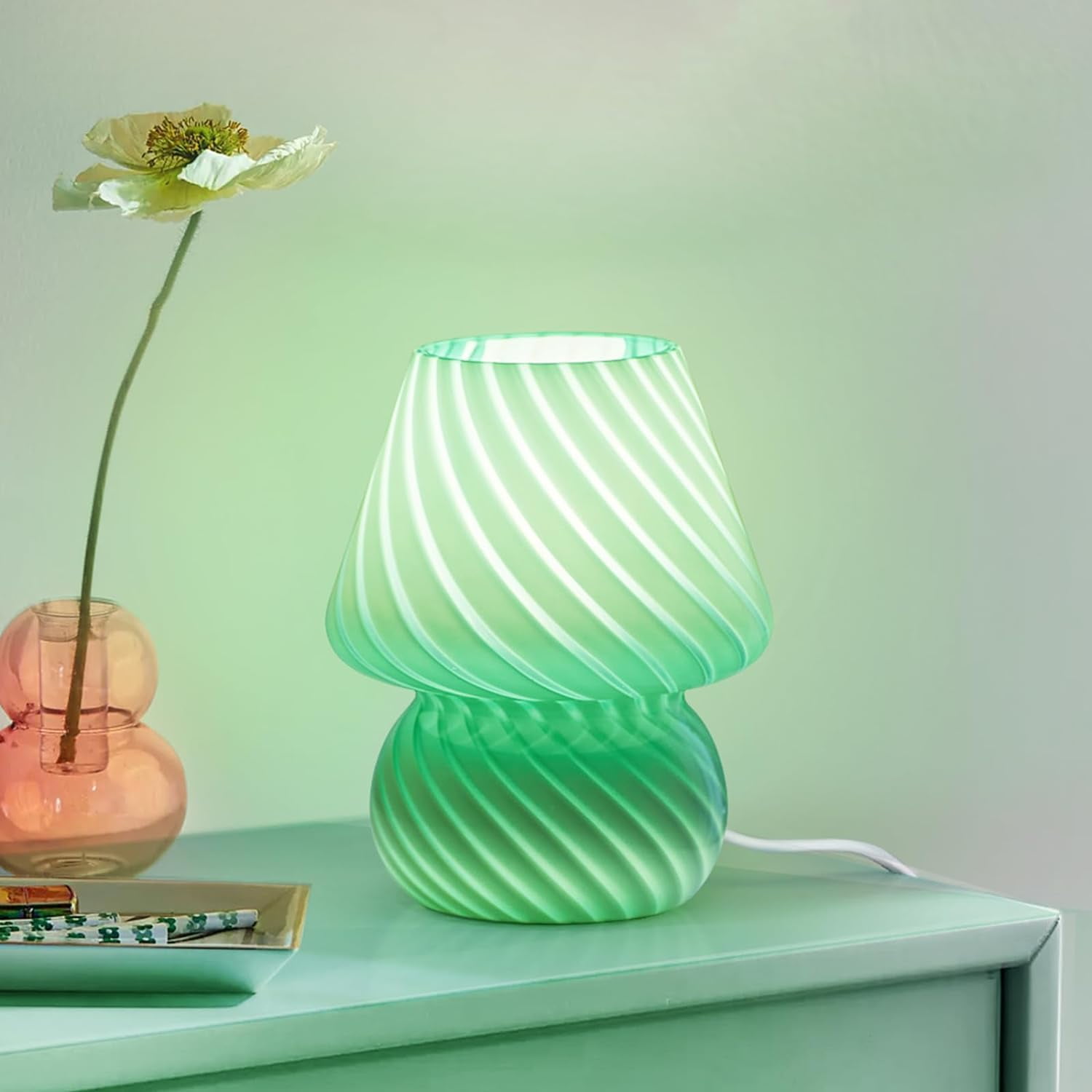 Mushroom Lamp, Small Bedside Lamp with Striped Glass, Nightstand Lamp for Bedroom Living Room, Home Decor, Gift, Green Striped