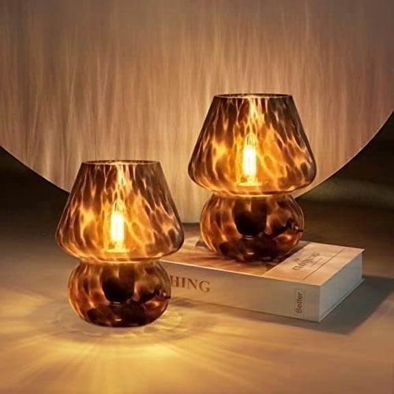 Mushroom Lamp Small Vintage Table Lamp for Bedroom Set of 2, Nightstand Bedside Lamp Translucent Glass Dimmable, Murano Aesthetic Home Decor for Living Room Kitchen Dorm(Black)