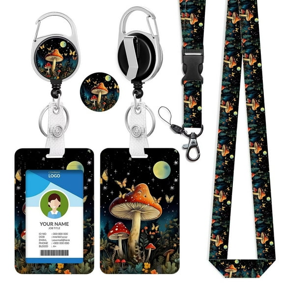Mushroom Lanyards for Id Badges, Cute Badge Holder with Retractable Reel Clip Keychain, Work Name Tag Breakaway Lanyard ID Card Protector Case for Women Nurse Doctor Teacher Student