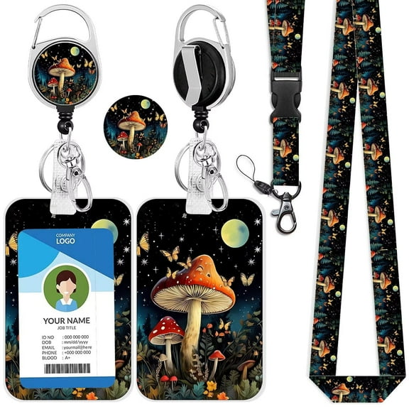 Mushroom Lanyards for Id Badges, Cute Mushroom Badge Holder with Retractable Reel Clip Keychain,Work Name Tag Breakaway Lanyard ID Card Protector Case for Women Nurse Doctor Teacher Student