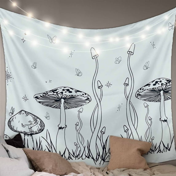Mushroom Large Tapestry for Bedroom Wall Hanging Tapestry,Black Lines Botanical Butterfly Spring Floral Ceiling Backdrop Tapestries Poster Blanket Wall Decor for Teens Room Living Room 100" x 59"