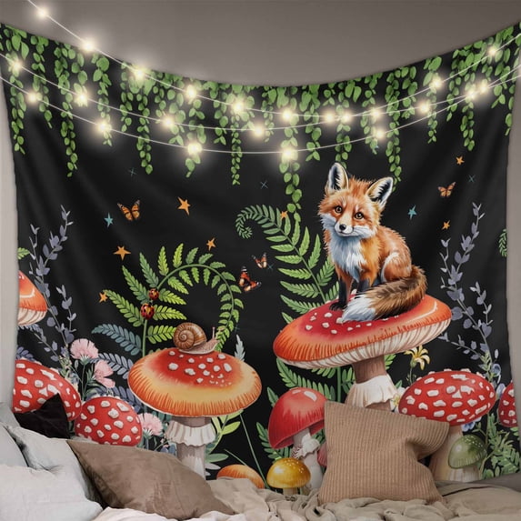 Mushroom Large Tapestry for Bedroom Wall Hanging Tapestry, Fox Botanical Leaf Green Black Butterfly Ceiling Backdrop Tapestries Poster Blanket Wall Decor for Teens Room Living Room Dorm 100" x 59"
