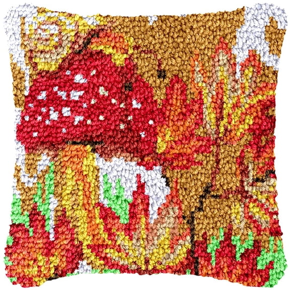 Mushroom Latch Hook Kits Pillow Cover DIY Rug Making Crochet Hook Cushion Making Kits with Preprinted Pattern Canvas DIY Needlework Crochet Kits Sofa Decor 43x43cm