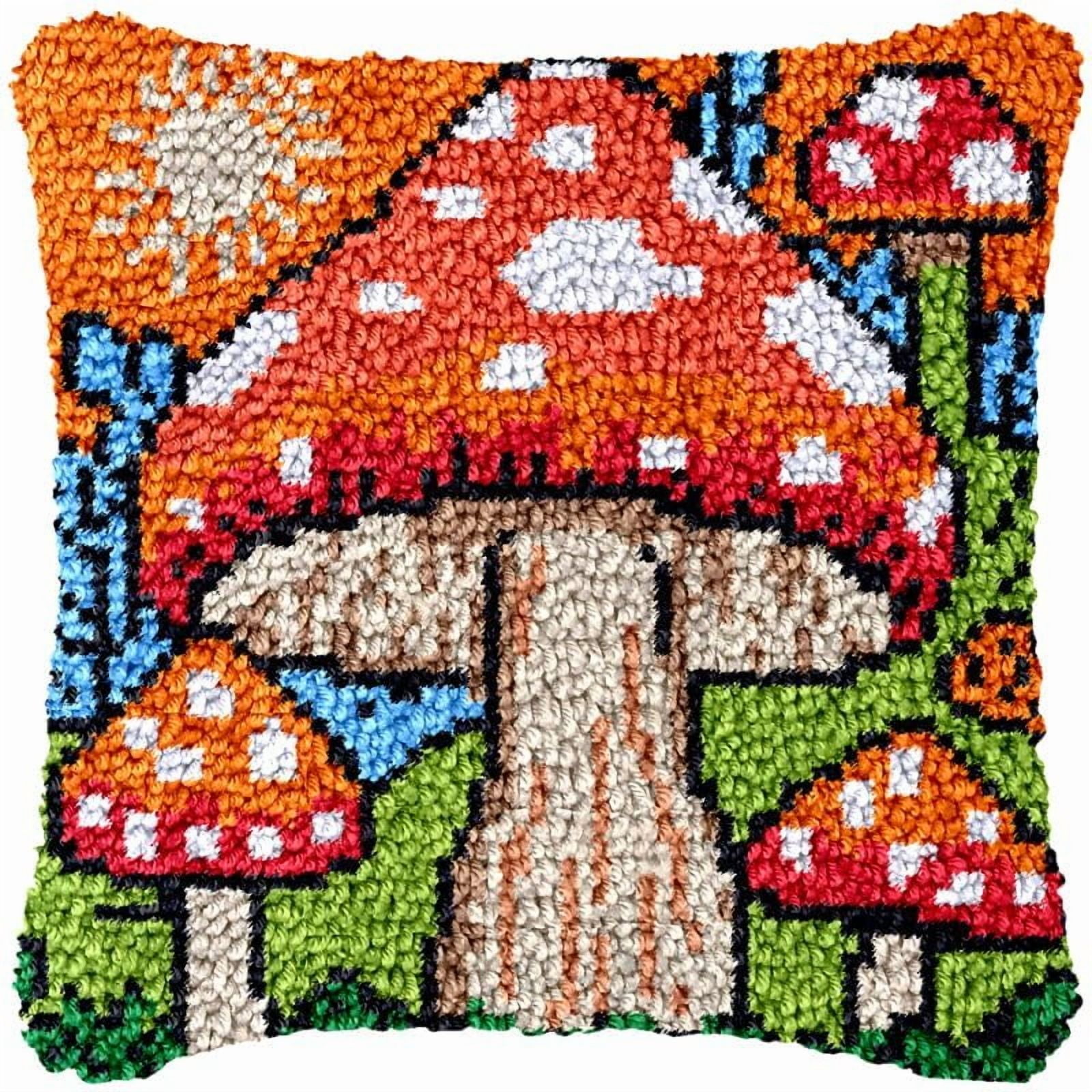 Mushroom Latch Hook Pillow Cover Kits for DIY Handmade Throw Pillow Cross Stitch Latch Hook Pillowcase Rug Kits with Preprinted Color Pattern Canvas Crochet Yarn Kits 17''X 17''(ys151)