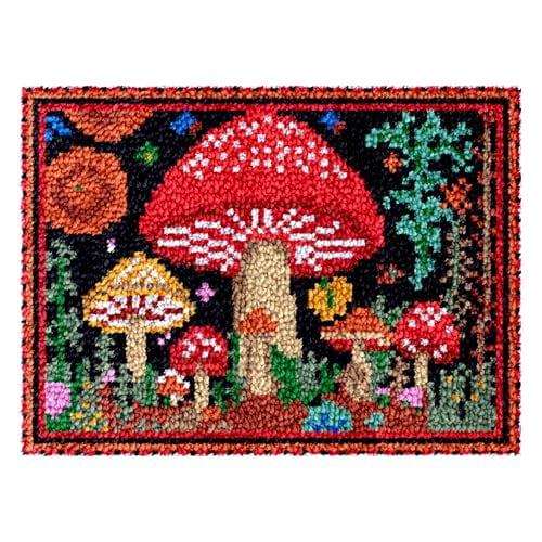 Mushroom Latch Hook Rectangle Rug Kits for Adults Needle Crochet Yarn Embroidery Carpet Hook and Latch Kit Floor Mat Tapestry Christmas Home Decoration 52x38cm(1)