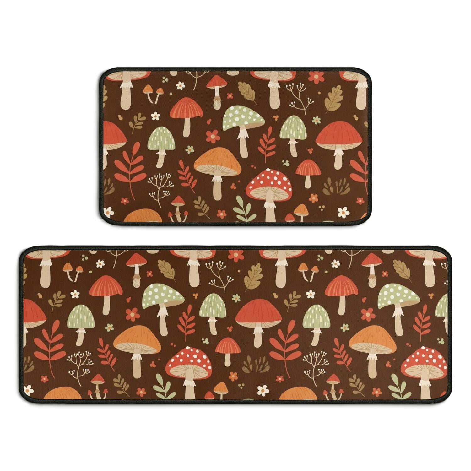 Mushroom and Leaf Brown Pattern 2 Piece Kitchen Mat Set, Crystal Velvet ...