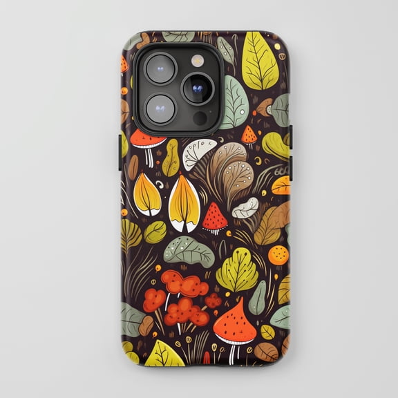 Mushroom Leaf Pattern For All iPhone Series Tough Phone Case Cute Nature Dark