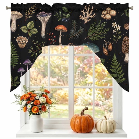 Mushroom Leaves Swag Valances for Windows, Small Curtains Drapes, Black Country Botanical Berry Flowers Kitchen Window Curtains Over Sink Window Treatment Valance for Bedroom/Bathroom 56"x36"