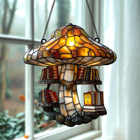 Mushroom Library Suncatcher Acrylic Faux Stained Glass, Enchanted Cottagecore Book Shelf Light, Cozy Fall Gift for Mom or Readers