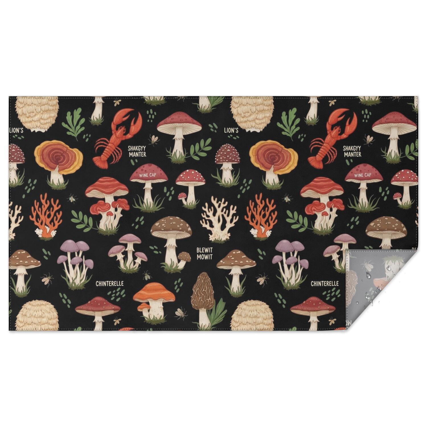 Pattern Loster Mushroom and Lobster Black Pattern Waterproof Tablecloth, Rectangular ...