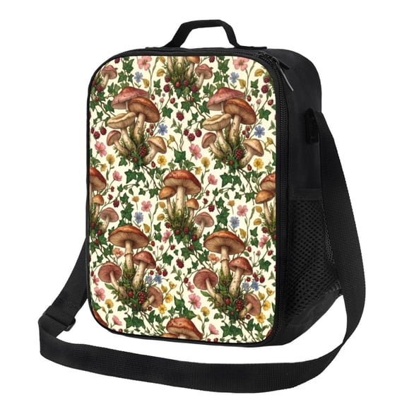 Mushroom Lunch Box Vintage Nature Art Insulated Hot Cold Lunch Bag Reusable Thermal Cooler Tote With Shoulder Strap For Hiking Travel Picnic