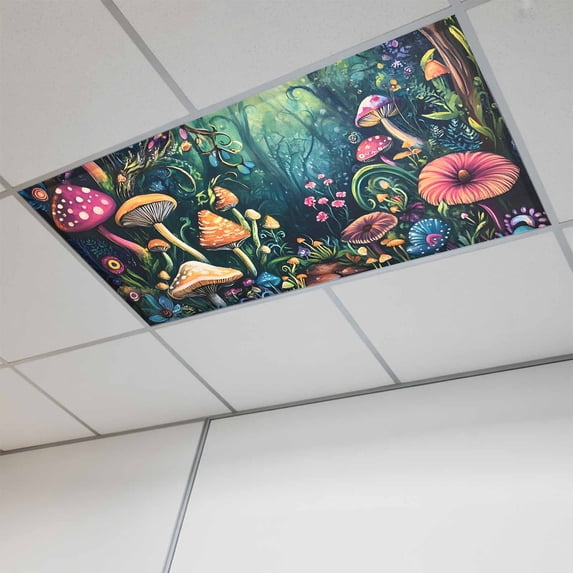 Mushroom Magnetic Fluorescent Light Covers for Ceiling Lights 2 x 4 Feet, Dream Forest Botanical Floral Plant Office Classroom Kitchen Drop Ceiling Light Covers Lighting Filters Shade Panel 1 Pack