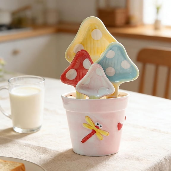 Mushroom Measuring Spoons Set Ceramic Measuring Cups and Spoons in Pot for Baking Salt and Sugar Cute Kitchen Decor Gift for Home Cooks