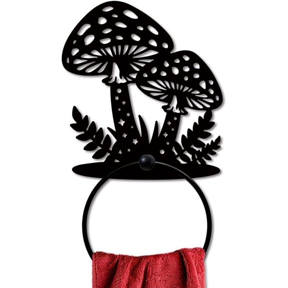 Mushroom Metal Towel Ring Magic Mushroom Leaf Towel Holder Star Dots Pattern Towel Ring Black Art Towel Rack Wall Mounted for Bathroom Kitchen Towel Hanger Home Decors Gift