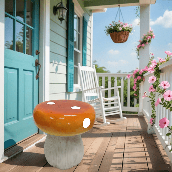 Mushroom Model Stool, 13.8-inch Oversized Resin Garden Stool, Outdoor Indoor Decorative Seat for Fairy Garden, Lawn, Patio, Multi-Purpose Plant Stand, Orange