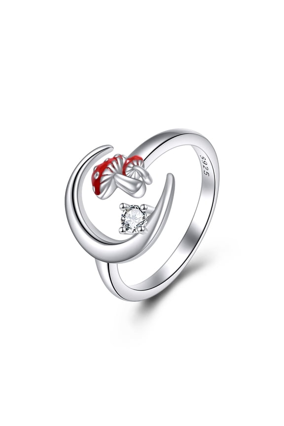 Mushroom Moon Adjustable Ring for Women 925 Sterling Silver Jewelry Gift for Women (Adjustable size 6-8)