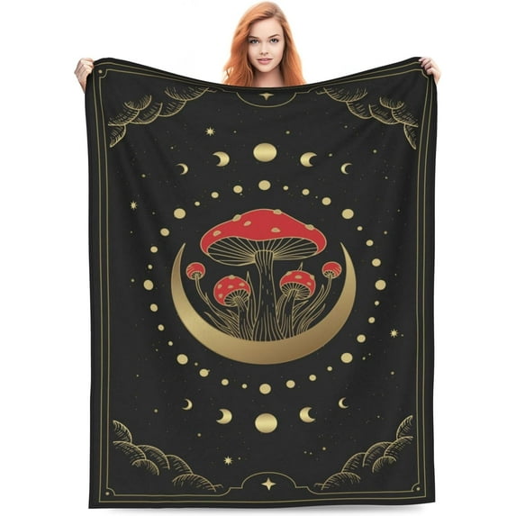 Mushroom Moon Alchemy Astrology Blanket Dark Boho Tarot Mushroom Gifts for Women Men Soft Warm Flannel Throw Blanket for Bed Home Sofa Valentine Day Decor 50"X40"