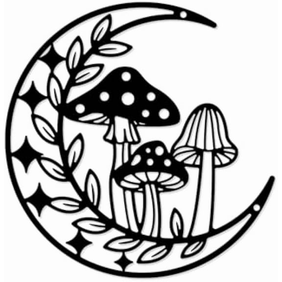 Mushroom and Moon Metal Wall Art Decor Matte Style Wall Hanging Decor Silhouette Wall Art for DIY Living Room Bedroom Wall Festival Decoration Gift 8.97×9.17 Inch