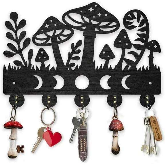 Mushroom Moon Phases Coat Hooks Wall Mounted Wood Key Holder for Wall 11.8×7.9inch Nature Moon Star Grass Key Hanger 5 Alloy Hooks Decoratice Key Hook for Gift Living Room Kitchen Office