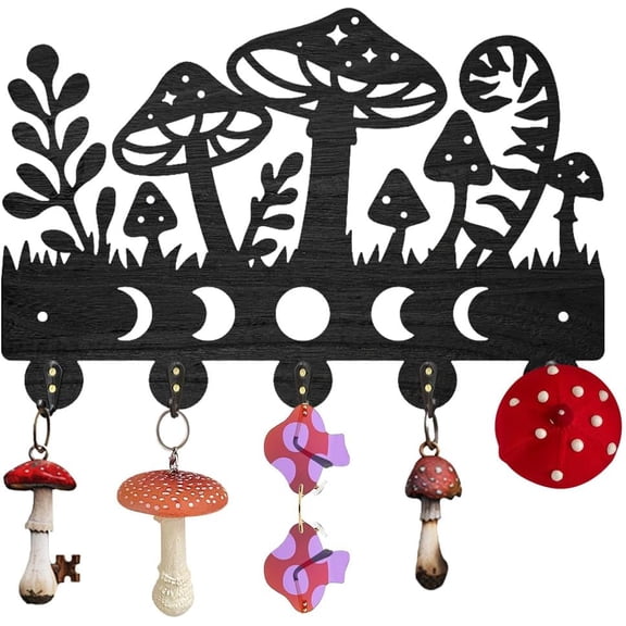 Mushroom Moon Phases Key Holder Wall Mounted Wood Fall Wall Key Hooks 11.8×7.9inch Moon Star Grass Key Hanger Decorative for Gift Living Room Kitchen Office