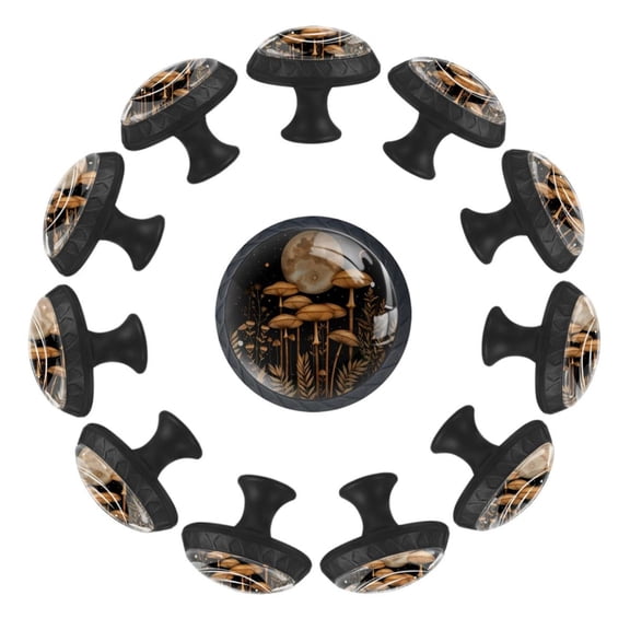 Mushroom Moon Retro Boho Night Plants Leaves 35MM Round Glass Cabinet Knobs, Kitchen Knobs for Drawer Dresser Cupboard Wardrobe Modern Pulls Handles Hardware, Set of 12
