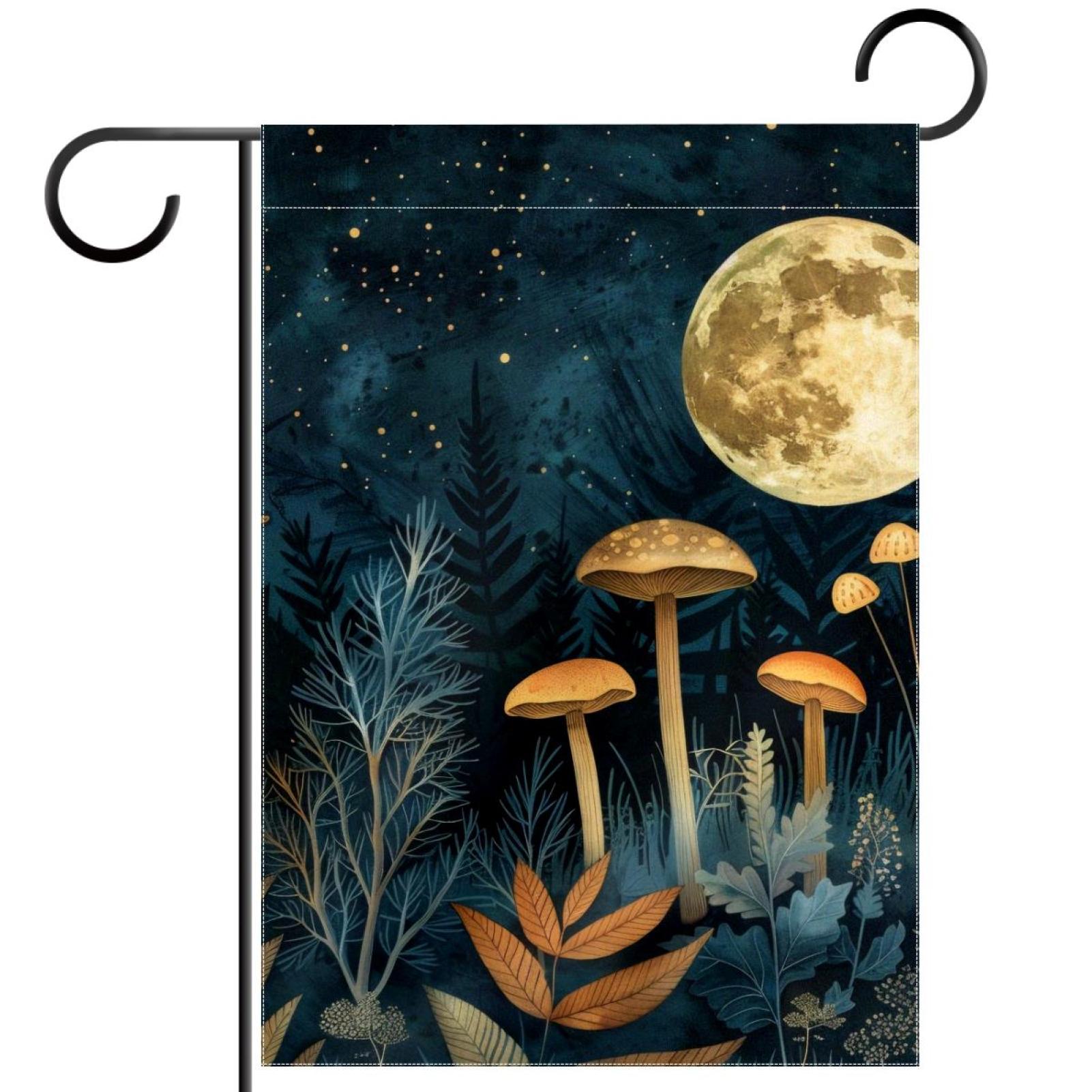 Mushroom Moon Vintage Boho Night Plants Leaves Double Sided Garden Flag Decorative Weather Resistant Yard Flag, Large DIY Vertical Flag for Farmhouse Patio Lawn, 28x40 Inch