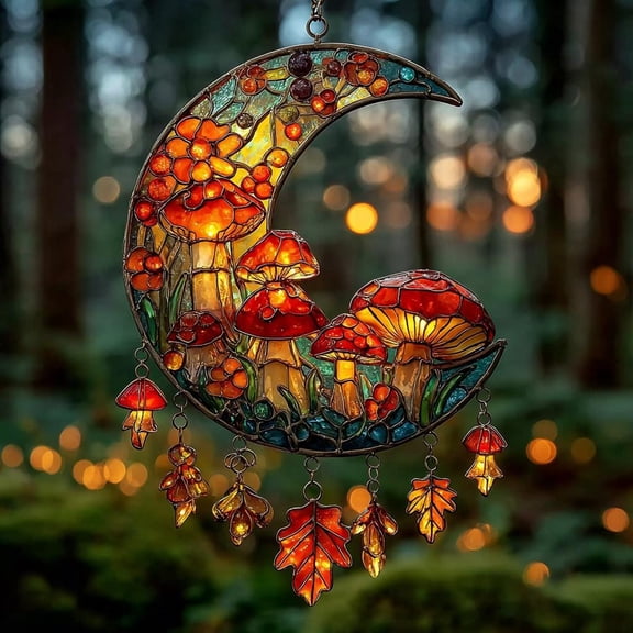 Mushroom Moon Wavy Acrylic Suncatcher Window Hanging - Faux Wavy Acrylic Autumn Decor - Cottagecore Fairycore Gift For Her, Fall Vibes