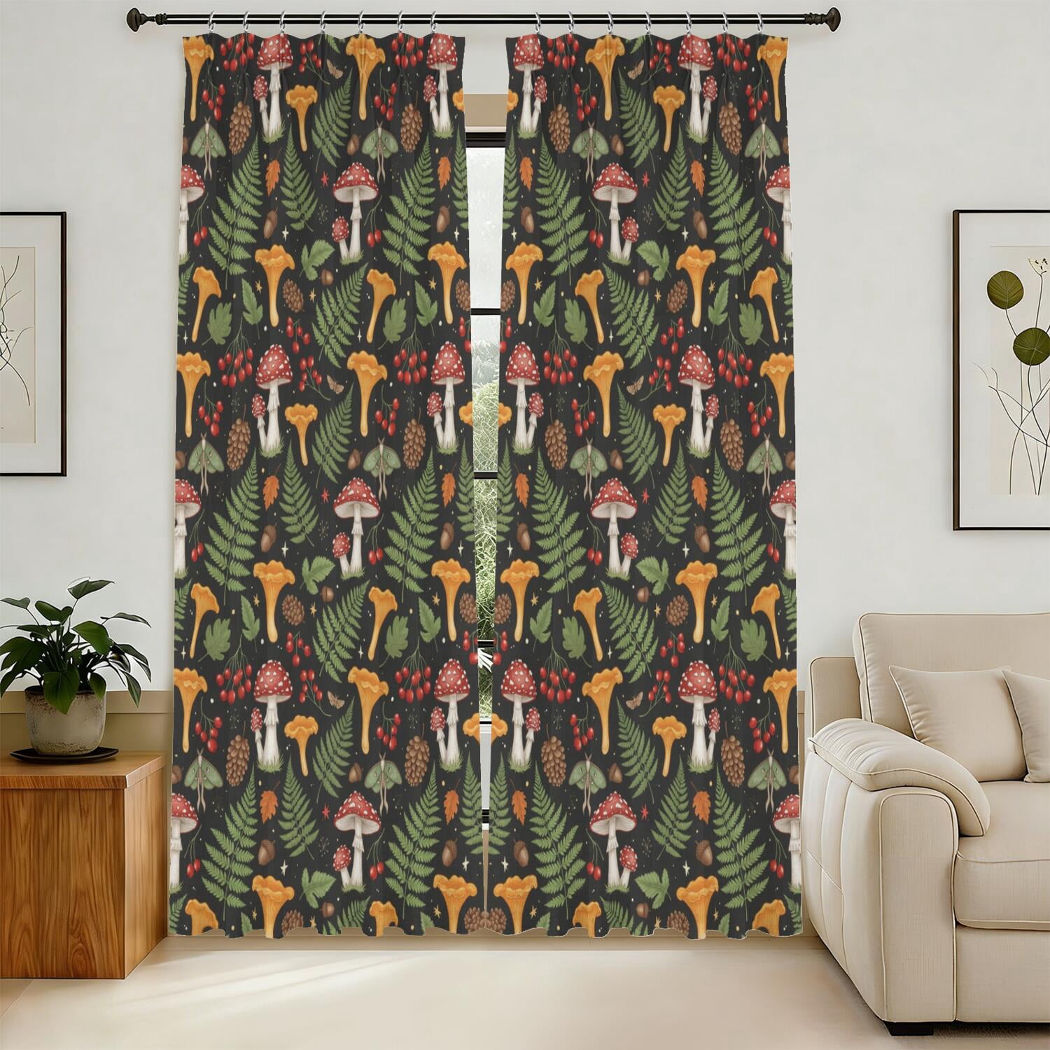 Moth Friend Mushroom and Moth Black Pattern Pinch Pleat Semi Sheer Linen Curtains ...