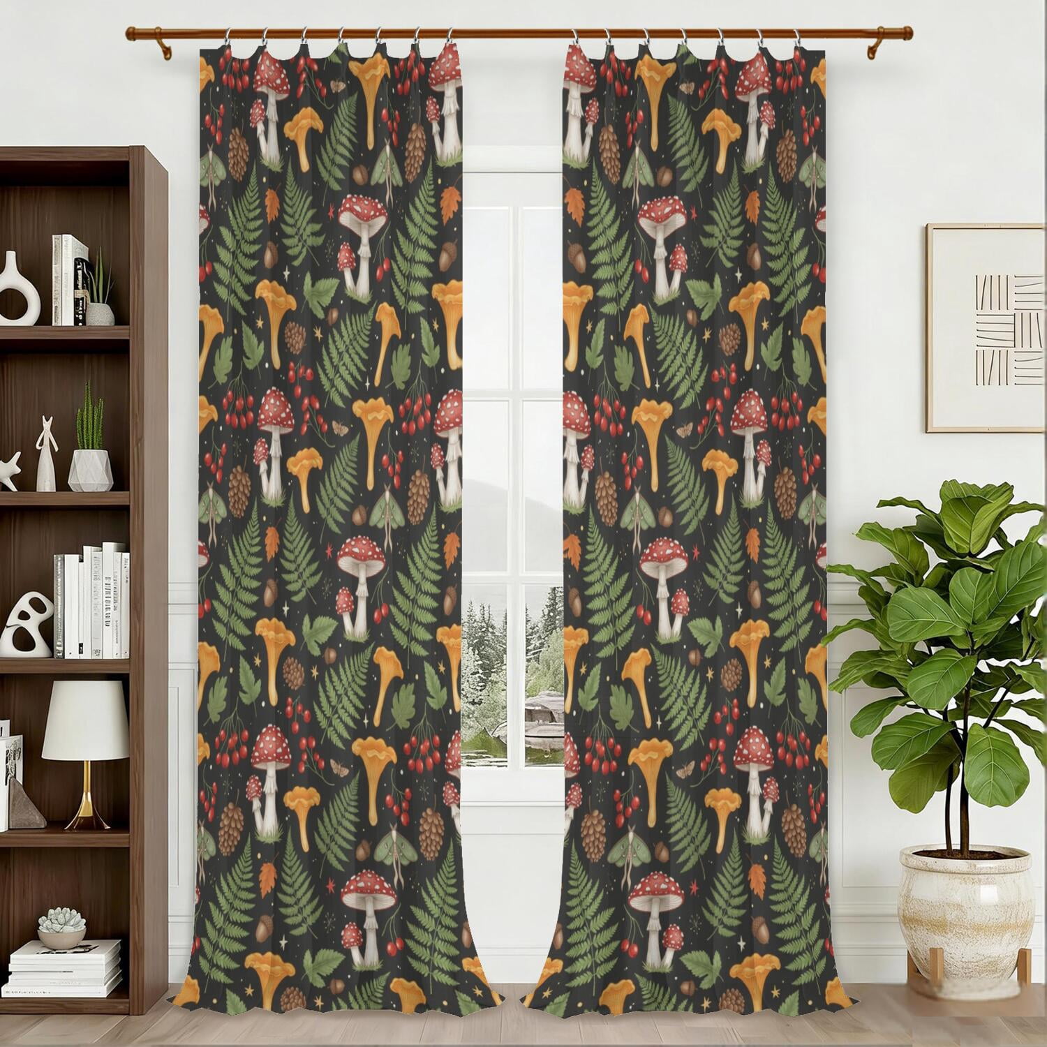 Moth Friend Mushroom and Moth Black Pattern Pinch Pleat Semi Sheer Linen Curtains ...