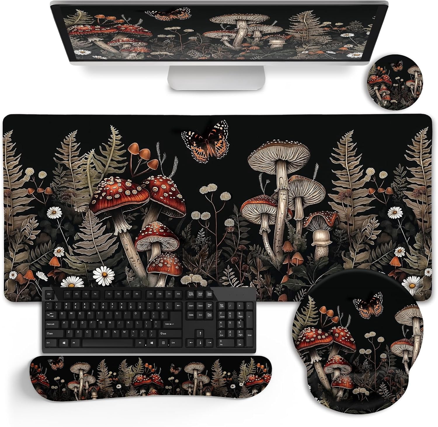 Mushroom Mouse Pad Set Large Desk Matt for Desktop, Ergonomic Mouse Pad with Wrist Rest, Gaming Mouse Pad Wrist Support Keyboard Mat Cup Coaster Set Office Desk Decor Accessories