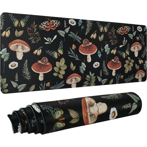 Mushroom Mouse Pad XL, Aesthetic Extended Large Gaming Mouse Pad, Forest Plant Mushroom Butterfly Floral Mousepad Long Big Desk Mat Black, Leaf Boho Mushroom Decor Stuff Accessories, 31.5 X 11.8 Inch