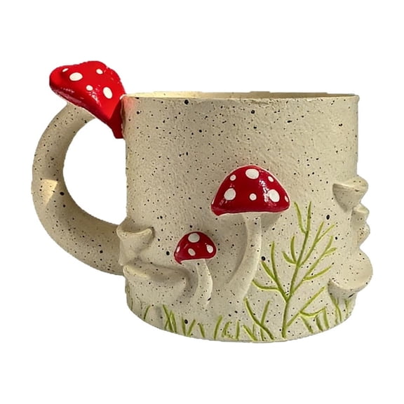 Mushroom Mug Planter Resin Flower Pot for Plants Small Plants, Cute Cup Shaped Garden Pot Outdoor Indoor Decorative Planter with Handle, White