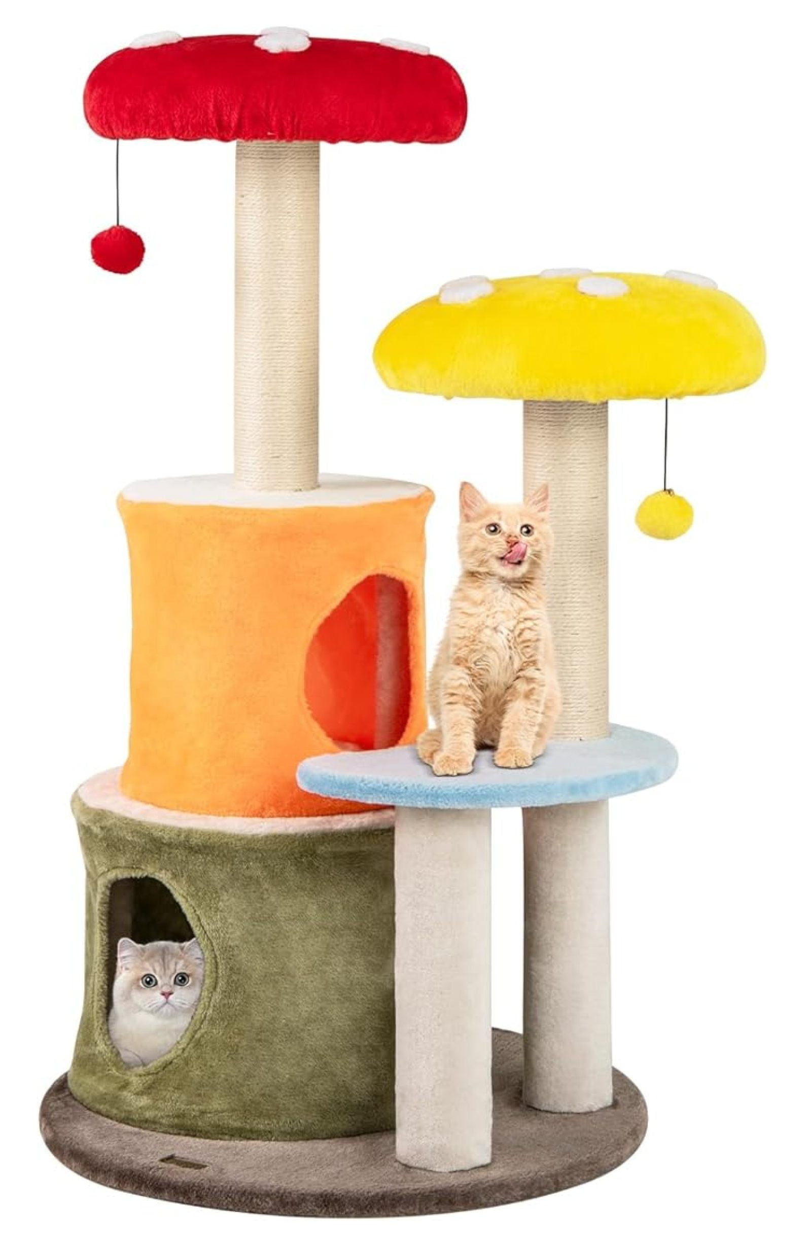 Mushroom , Multi-Level Cute Tower with Sisal Scratching Posts, Cat Condo, Soft Plush Perches, Dangling Toys for Indoor Cats (43 Inch)