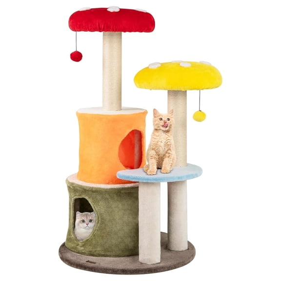 Mushroom , Multi-Level Cute Tower with Sisal Scratching Posts, Cat Condo, Soft Plush Perches, Dangling Toys for Indoor Cats (43 Inch)