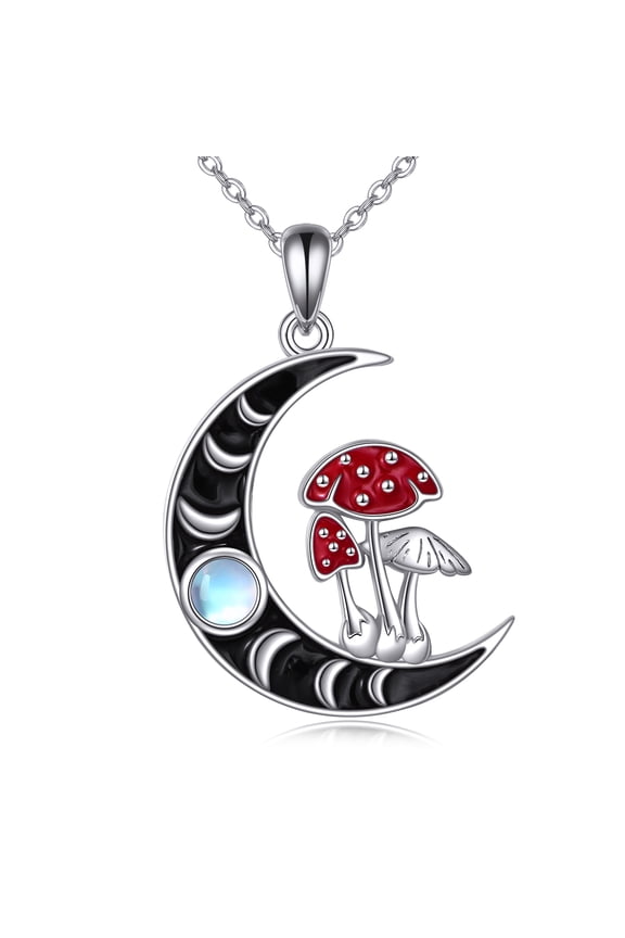 Mushroom Necklace 925 Sterling Silver Red Mushroom Moonstone Pendant Moon Phase Jewelry for women
