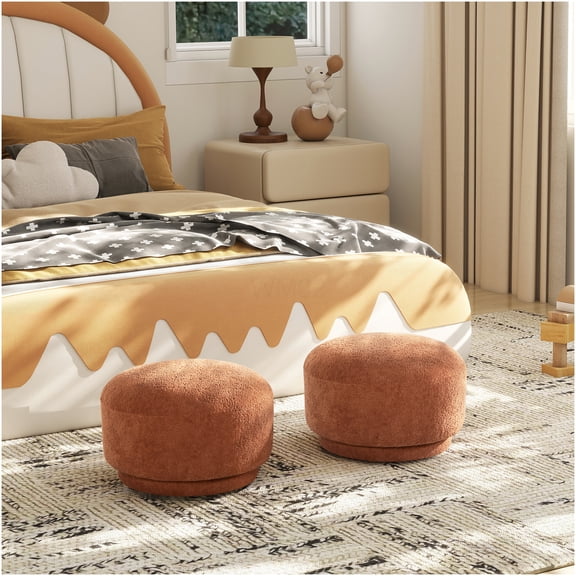 Mushroom Ottoman Footstool, 15 Inch Round Plush Fleece Pouf, Spice Orange Accent Seat