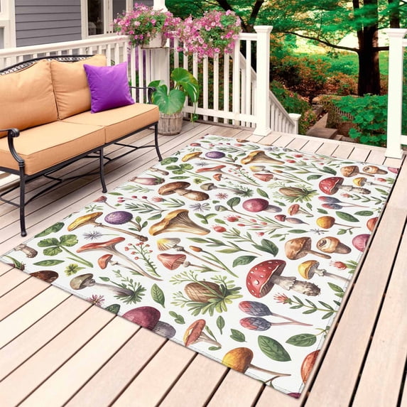 Mushroom Outdoor Rug for Patio/Deck/Porch, Non-Slip Large Area Rug 4 x 6 Ft, Fall Country Leaf Plant Flower Fruit Indoor Outdoor Rugs Washable Area Rugs, Reversible Camping Rug Carpet Runner