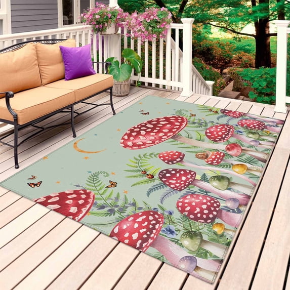 Mushroom Outdoor Rug for Patio/Deck/Porch, Non-Slip Large Area Rug 6 x 9 Ft, Sage Green Butterfly Moon Eucalyptus Leaf Indoor Outdoor Rugs Washable Area Rugs, Reversible Camping Rug Carpet Runner