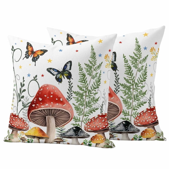 Mushroom Outdoor Waterproof Pillow Covers, Butterfly Botanical Star Country Plant White Decorative Square Throw Pillowcase Sofa Cushion Sham for Patio/Couch/Chair, 18"x18" 2 Pack