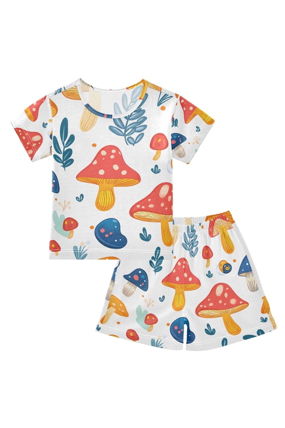 Mushroom Pattern Summer Pajama Set Soft Cotton Short Sleeve Sleepwear 2PCS Pajama Sets Breathable Lounge Set Size 6Y