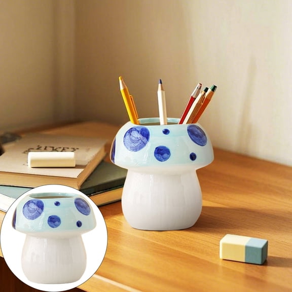 Mushroom Pen Holder for Desk, Decorative Ceramic Pencil Holder, Hand-Painted Ceramic Craft Makeup Brush Holder, Multi-Purpose Pen Cup Desk Organizers and Accessories, Home Decor, 1 Pack/Blue