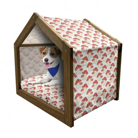 Mushroom Pet House, Cartoon Style Amanita Mushrooms Dotted Forest Plants Summer Nature Design, Outdoor & Indoor Portable Dog Kennel with Pillow and Cover, 5 Sizes, Cream Red, by Ambesonne
