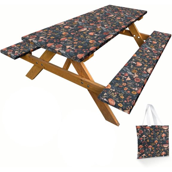Mushroom Picnic Table Cover with Bench Covers and Carrying Bag, Forest Floral Retro Rectangle Table Cover, Outdoor Patio Camping Essentials 6FT 4 count, Camping Fitted Tablecloth