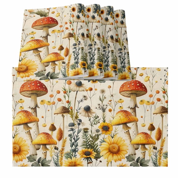 Mushroom Placemats for Dinning Table Set of 4, Sunflowers Spring Floral Summer Botanical Burlap Kitchen Place Mats Waterproof Cloth Table Mats, Indoor Outdoor Placemats Easy Clean Dinner Decor