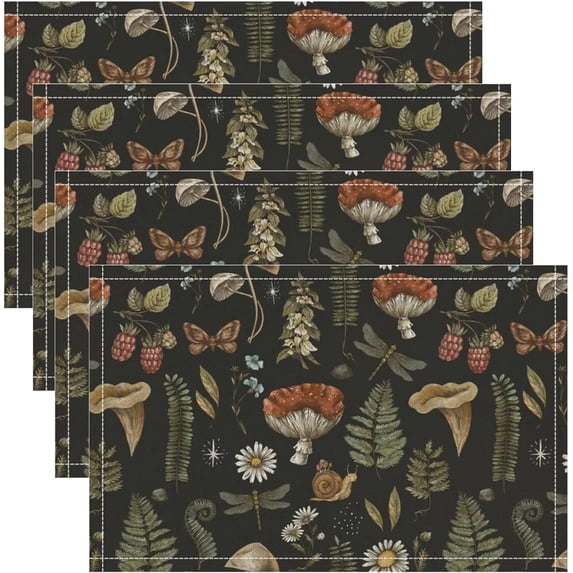 Mushroom Placemats Set of 4, 18x12 Inch Vintage Rustic Botanical Green Leaves Wildflower Mushroom Black Abstract Aesthetic Art Print Table Mats for Home Party Kitchen Dining Decor