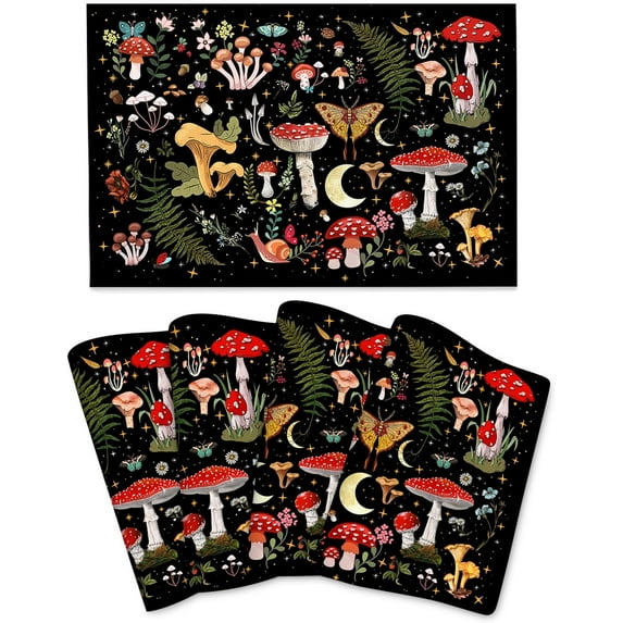 Mushroom Placemats Set of 4, Moth Gothic Witchy Gifts Table Mats Heat Resistant Washable for Kitchen Dining Table Spring Summer Place Mats Linen 12x18 Inch