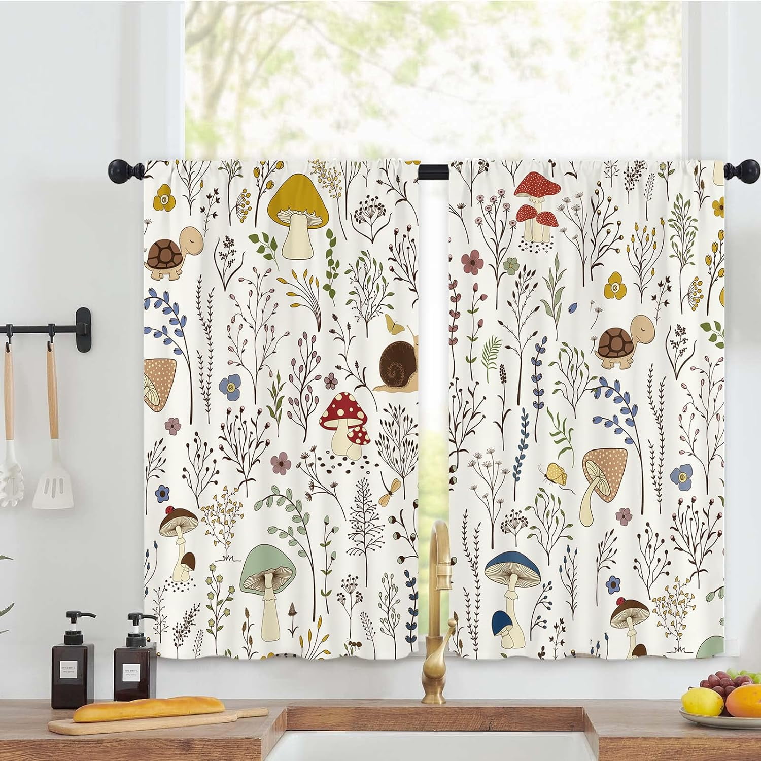 Mushroom Plant Kitchen Curtains 27.5W x 39L Inch Cottagecore Cute ...